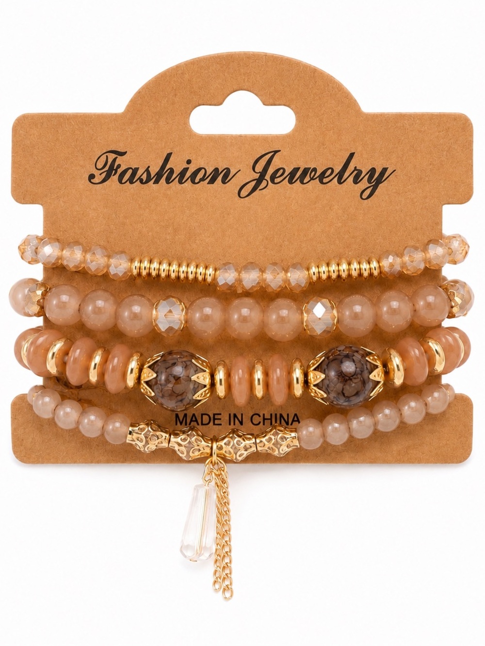 Boho Neutral Beaded Bracelet Stack Gold Tone Crystal Charm Stretch Bracelets